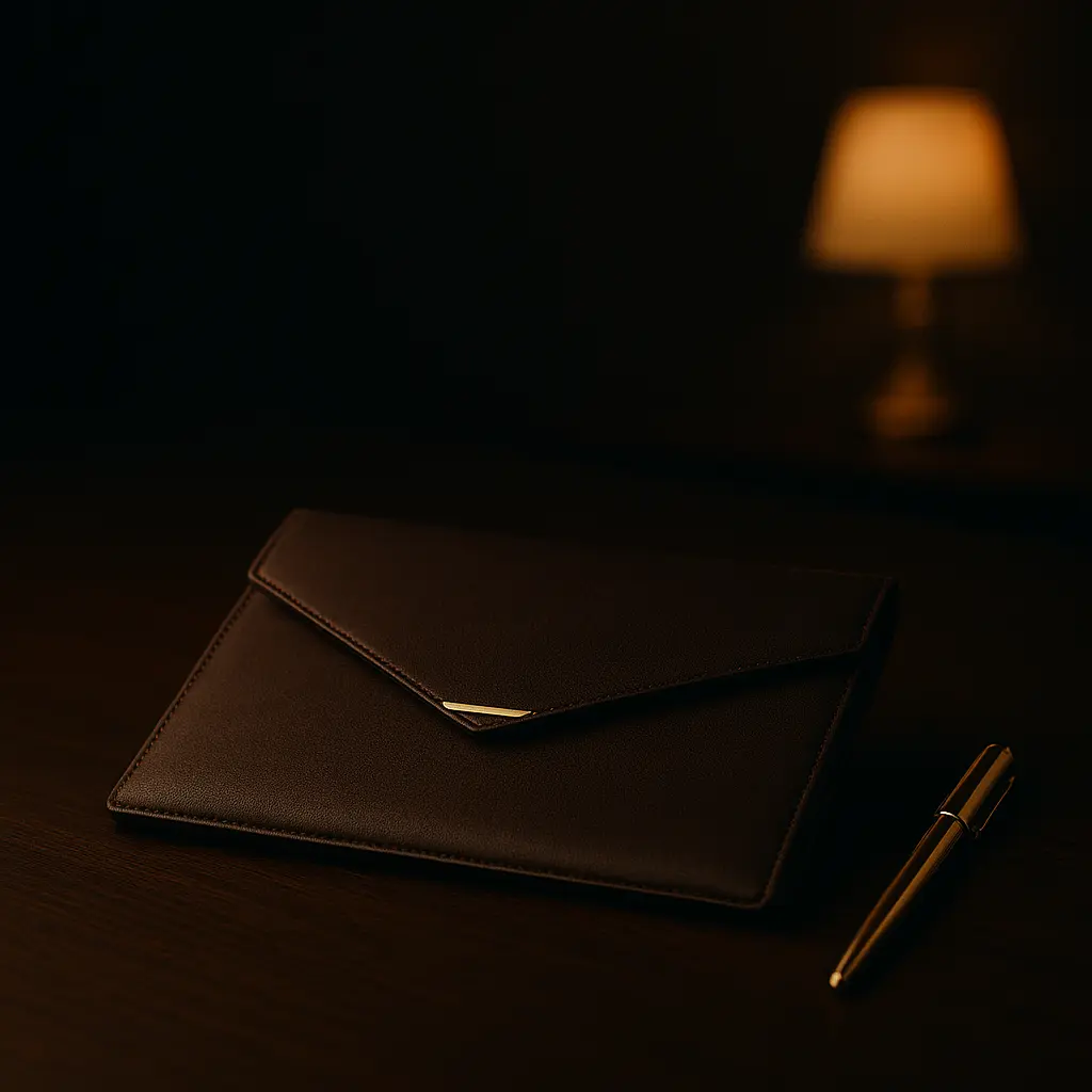 luxury customer experience evaluation setting with elegant leather envelope and pen in a refined luxury environment
