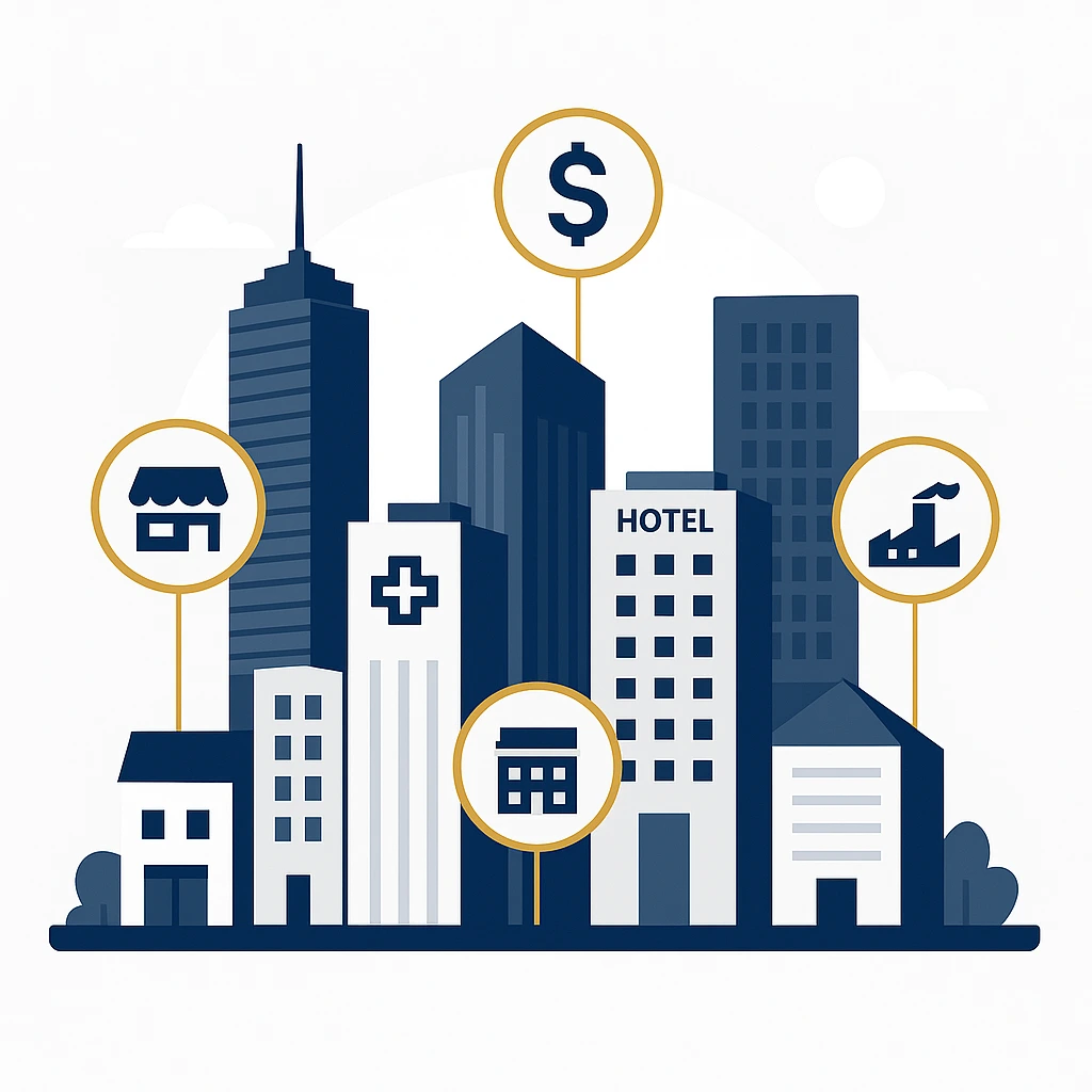 Illustration of mystery shopping industries in Qatar including hospitality, retail, banking, and healthcare sectors